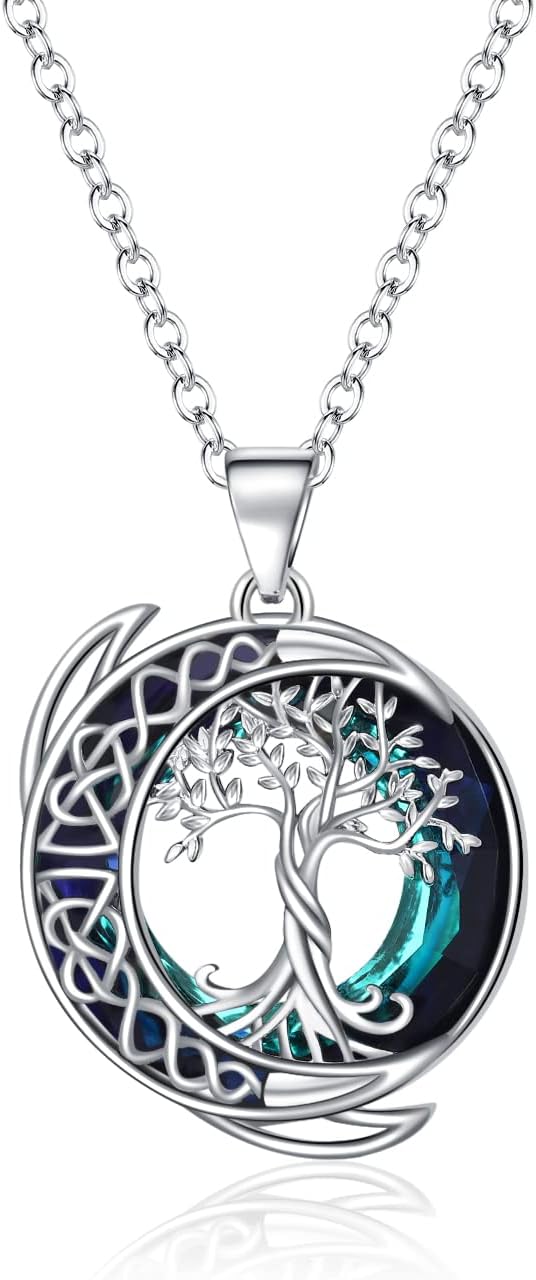 Tree of Life Necklace S925 Sterling Silver Crystal Tree of Life Pendant Necklace Celtic Knot Full Moon Tree of Life Women's Jewellery Gift